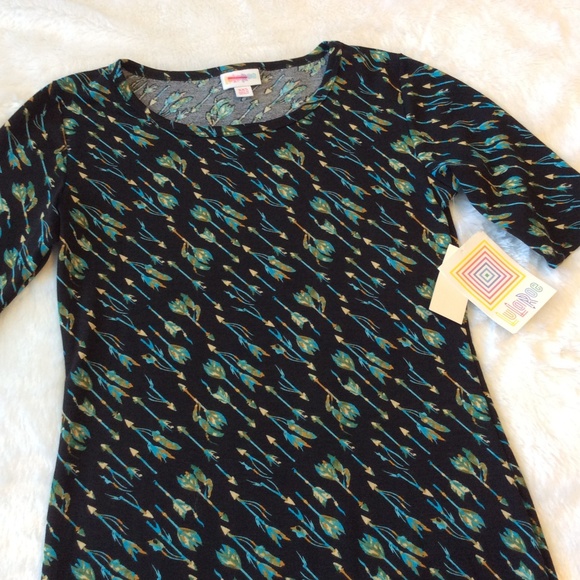 LuLaRoe Julia Dress XXS Black Turquoise Blue Arrow - Picture 3 of 7